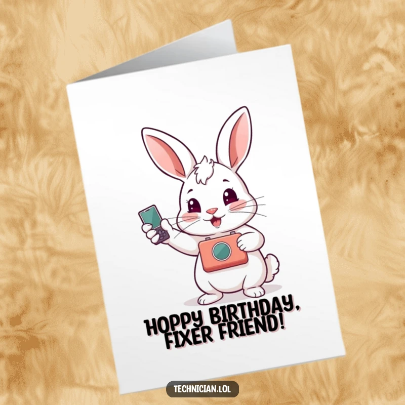Funny Free Printable Birthday Card: Proud rabbit displays a fixed gadget, celebrating birthday skills humorously.