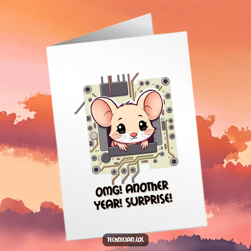 Funny Free Printable Birthday Card: A shy mouse peeking from a circuit board, eyes wide with amazement at the birthday celebration.