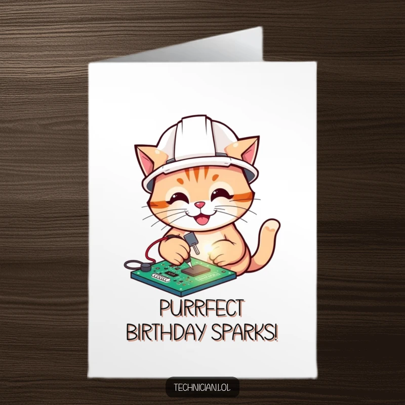 Funny Free Printable Birthday Card: A cheerful cat in a hard hat soldering a glowing circuit board.