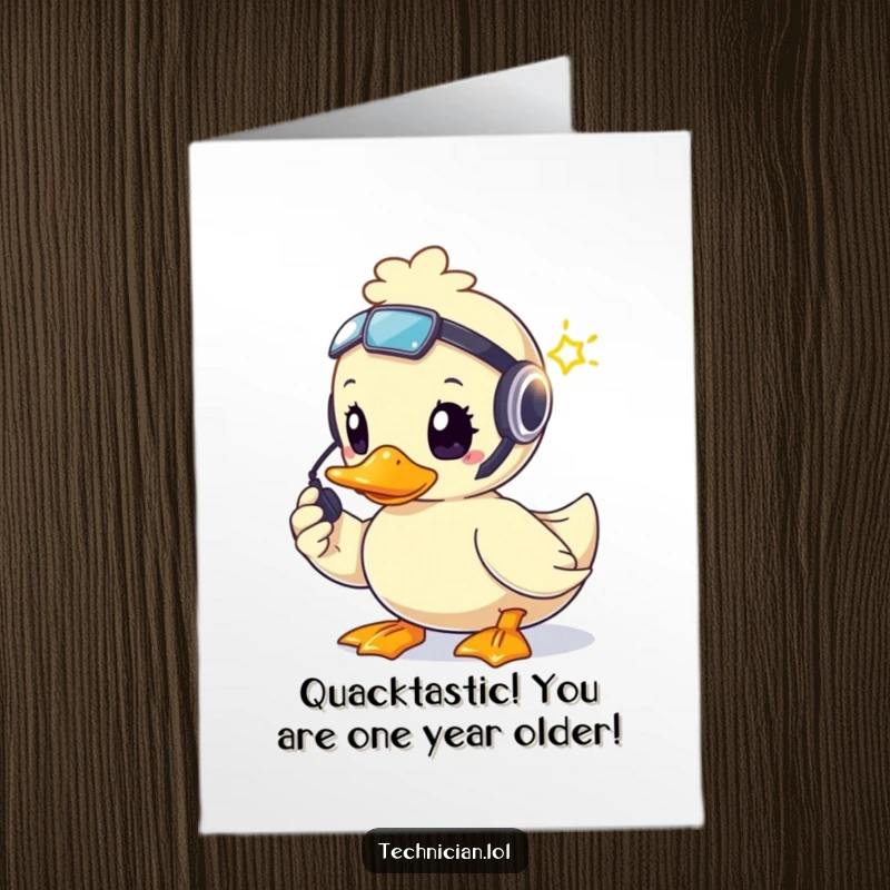 Funny Free Printable Birthday Card: A brave duck wearing a headset, diligently fixing a blinking light with a determined and cheerful expression.
