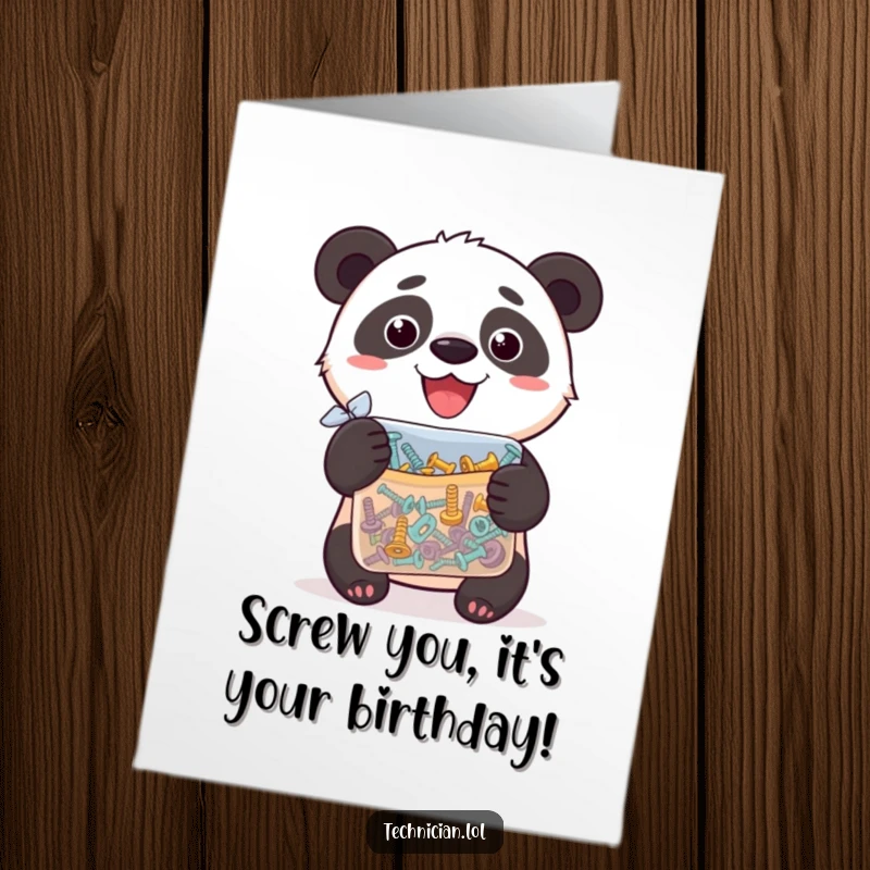 Funny free printable birthday card: a silly panda proudly holds a bag of assorted screws, ready for celebration.