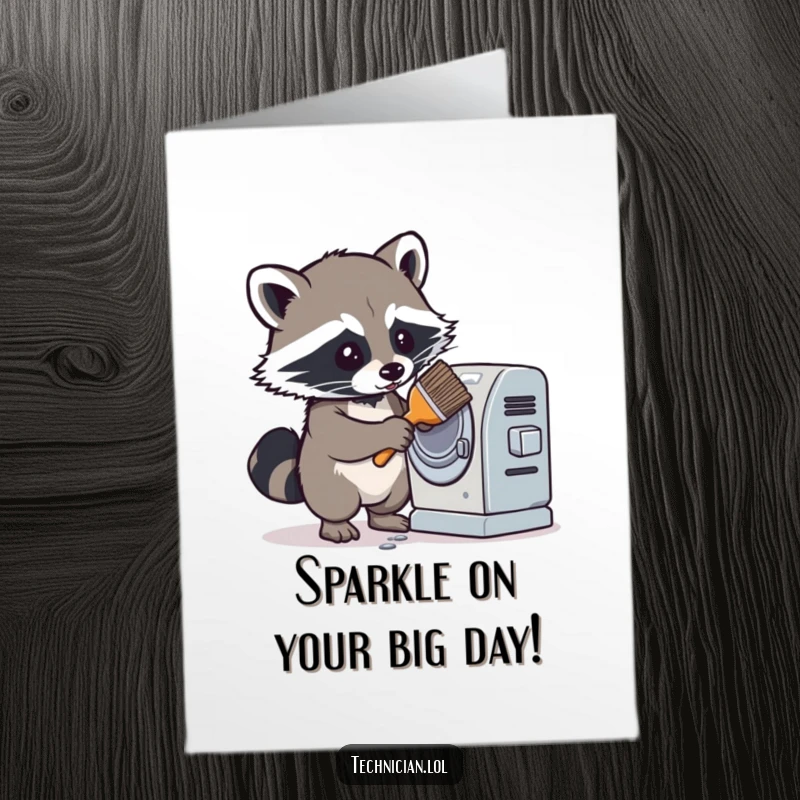 Funny Free Printable Birthday Card: A determined raccoon diligently cleans a dusty machine with a brush, ready for celebration.
