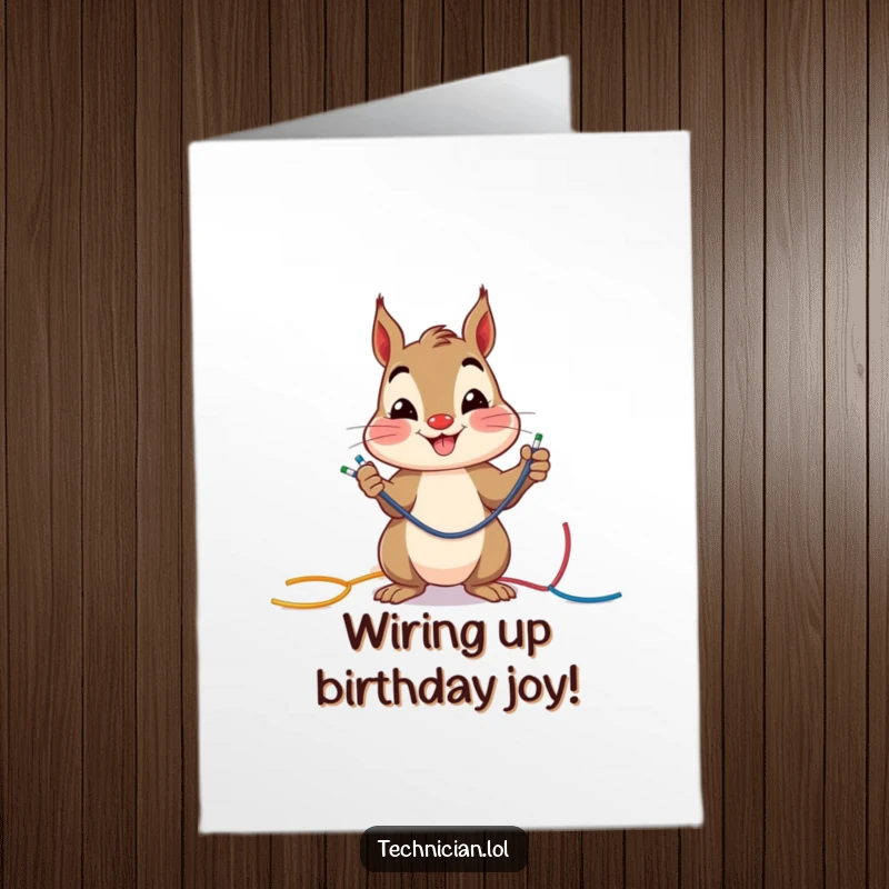 Funny free printable birthday card: A cheerful squirrel smiling while carefully connecting colored wires.