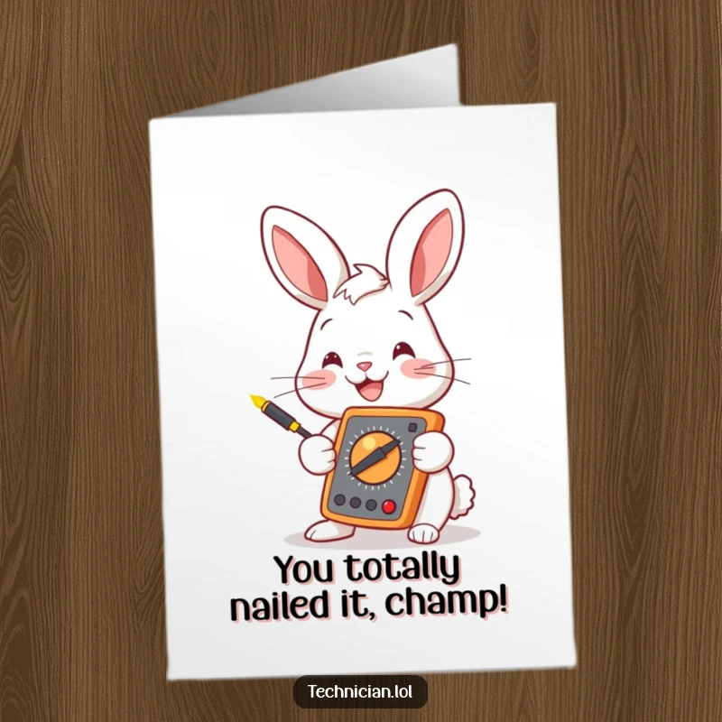 Funny Free Printable Bunny Electrician Card: Smiling bunny holding a multimeter, celebrating achievements with electrical humor.