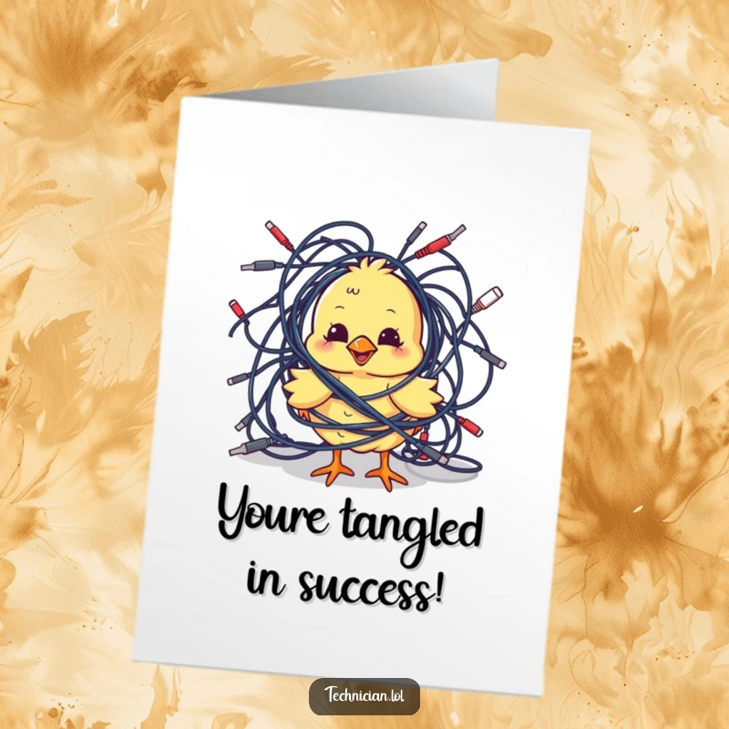 Funny Free Printable Congratulations Card: A playful chick looks confused while tangled in a huge mess of electronic cables.