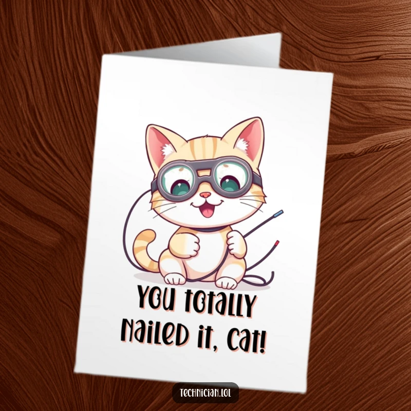 Funny Free Printable Congratulations Card: Cat with goggles working on wires, celebrating a tech triumph.