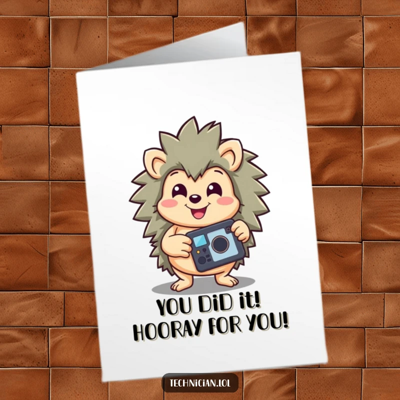 Funny Free Printable Congratulations Card: A cheerful hedgehog smiles wide, displaying a perfectly fixed gadget.