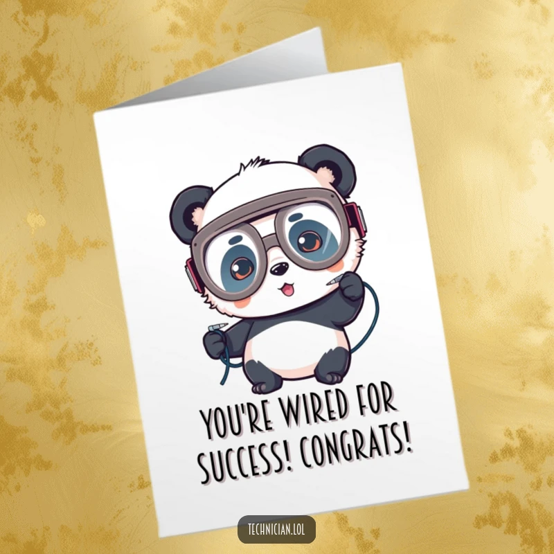 Funny Free Printable Congratulations Card: A playful panda wearing goggles intently solders wires, celebrating a successful project.