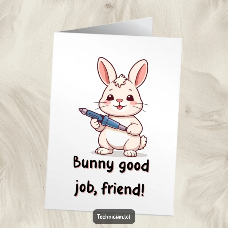 Funny Free Printable Congratulations Card: Content rabbit holding a screwdriver, looking satisfied with a successful project.