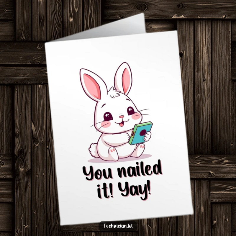 Funny Free Printable Congratulations Card: A cheerful rabbit with a curious expression examines a brightly colored gadget.