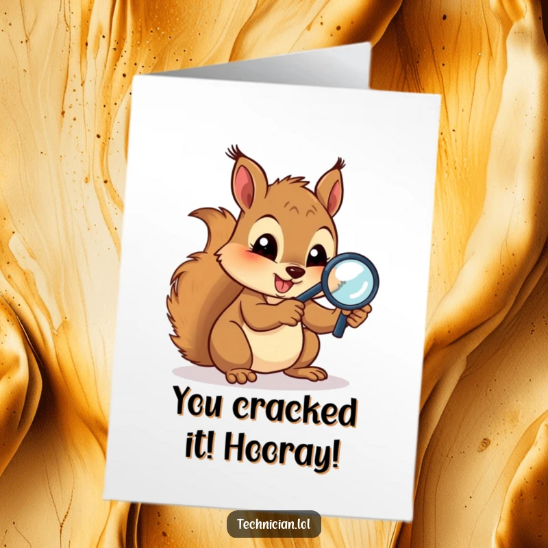 Funny Free Printable Congratulations Card: A gleeful squirrel intensely examines circuits with a magnifying glass, celebrating discovery.