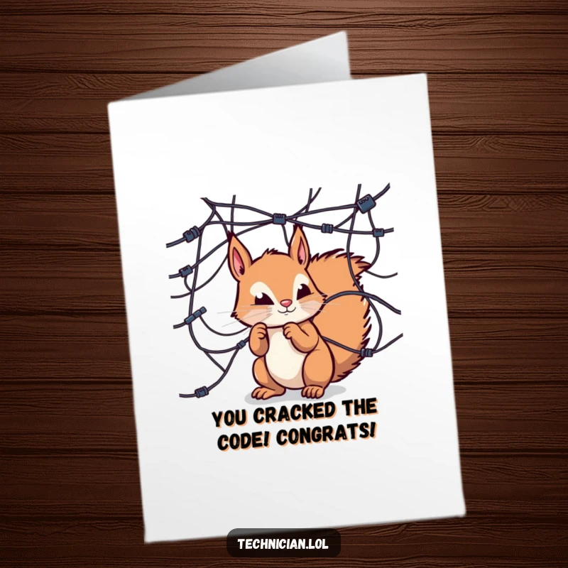 Funny Free Printable Congratulations Card: A curious squirrel examines a complex web of wires, representing problem-solving success.