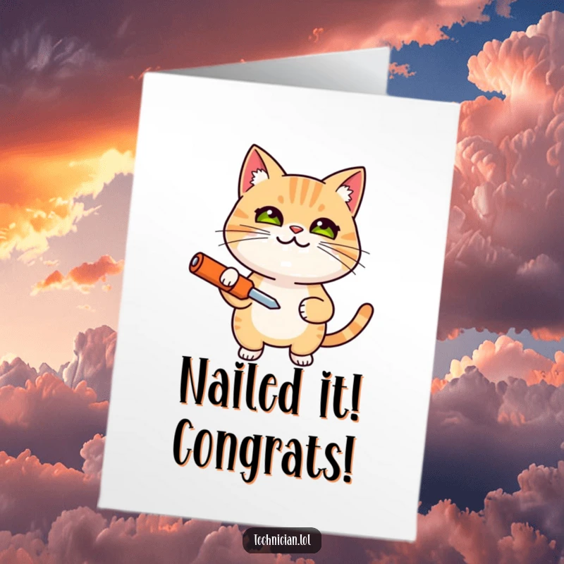 Funny Free Printable Congratulations Card: A smiling cat with a determined look holds a screwdriver, celebrating their accomplishment.