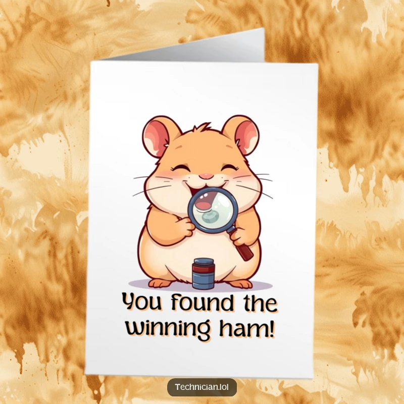 Funny Free Printable Congrats Card: A giggling hamster peers through a magnifying glass at a small component, celebrating a successful find.