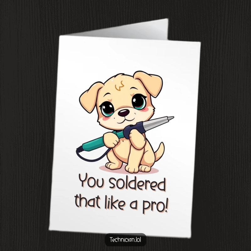 Funny Free Printable Puppy Maker Card: Determined puppy with a soldering iron, congratulating DIY success.
