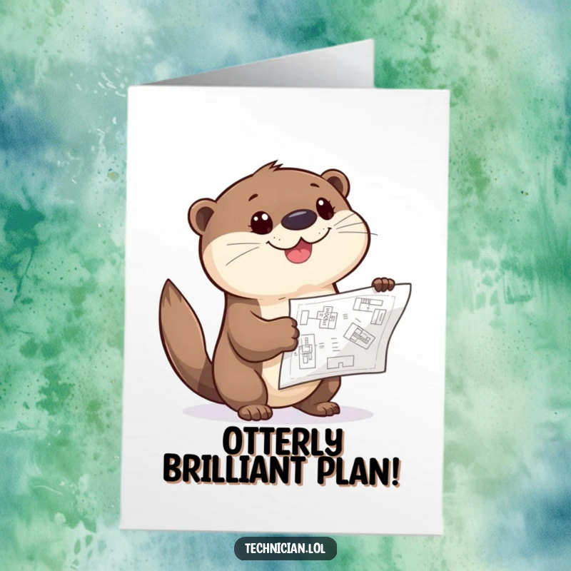 Funny Free Printable Congratulations Card: Giggling otter points at a blueprint, illustrating a successful plan.