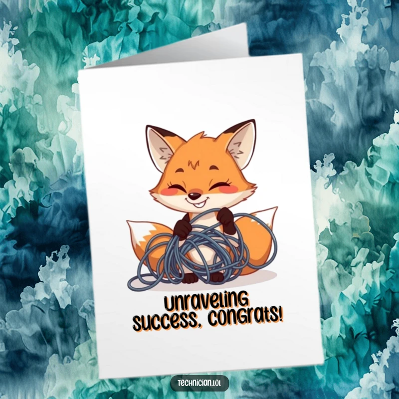 Funny free printable congratulations card: A determined fox fixing a large, tangled wire with a big grin.