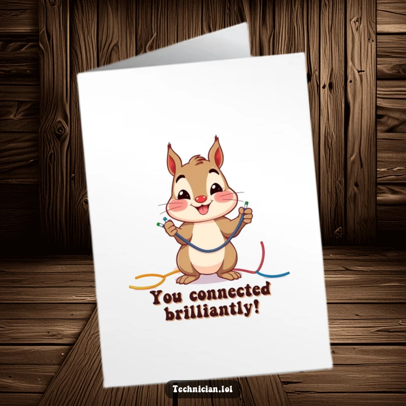 Funny free printable congratulations card: A cheerful squirrel happily connecting colored wires with a smile.