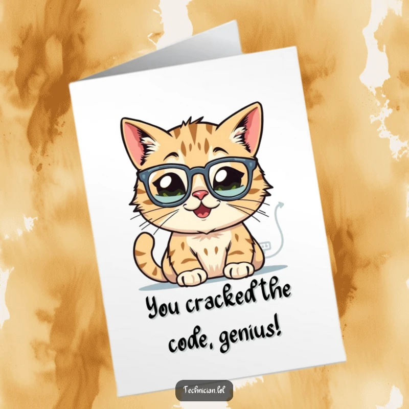 Funny Free Printable Congratulations Card: A happy cat with glasses meticulously examines glowing computer schematics, celebrating innovation.