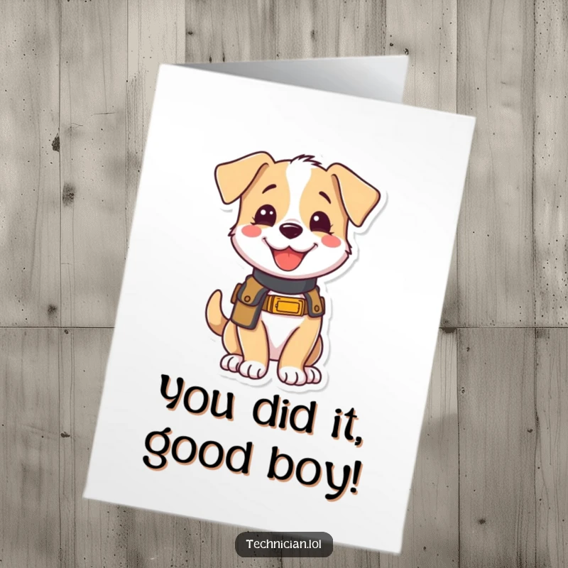 Funny Free Printable Congratulations Card: A joyful puppy wearing a tool belt appears eager to help celebrate a success.