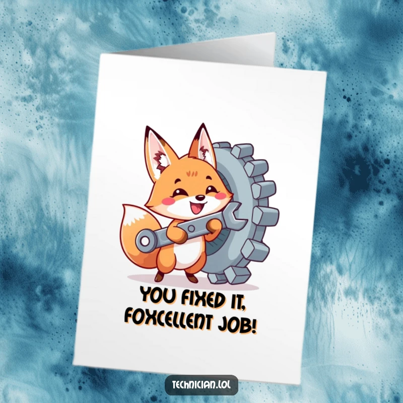 Funny Free Printable Congratulations Card: An enthusiastic fox with a wrench successfully tightening a giant bolt, marking a job well done.