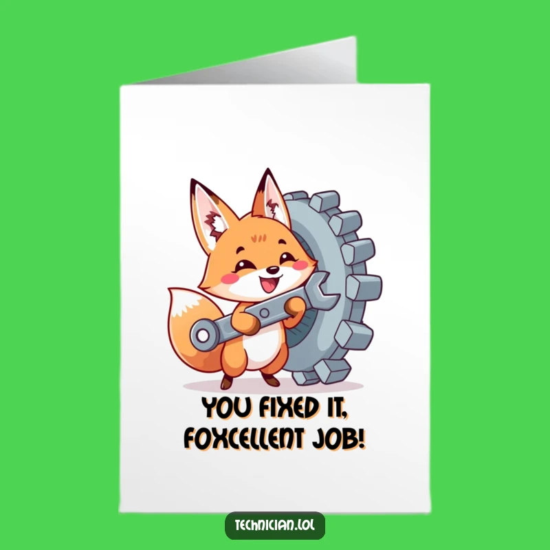 Free Printable Congrats Card: Fox Fixes Success! Downloadable Funny DIY for Celebrations.