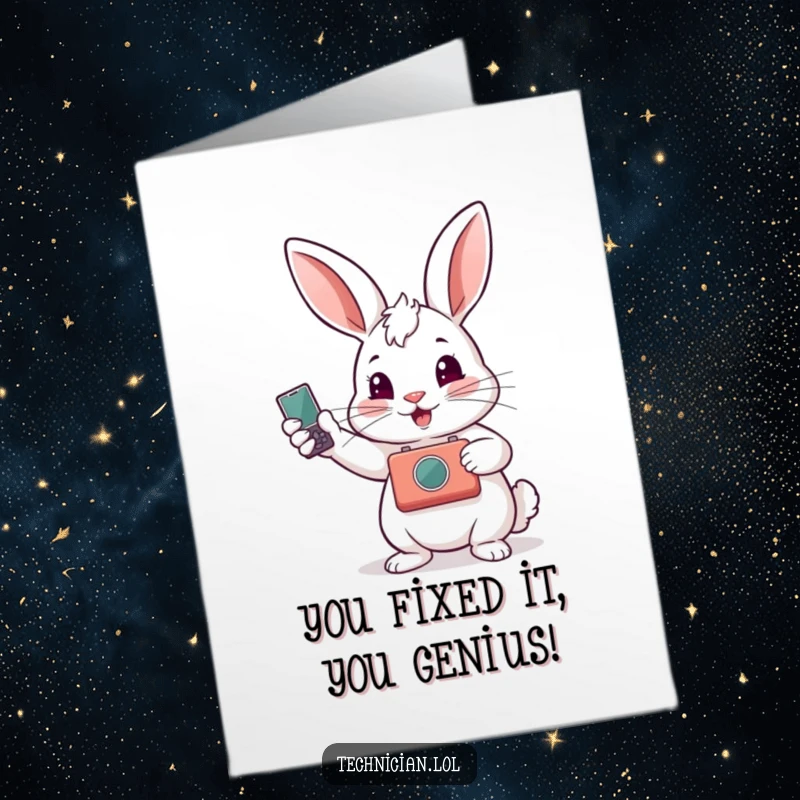 Funny Free Printable Congratulations Card: Proud rabbit shows off a repaired gadget, celebrating a successful fix.