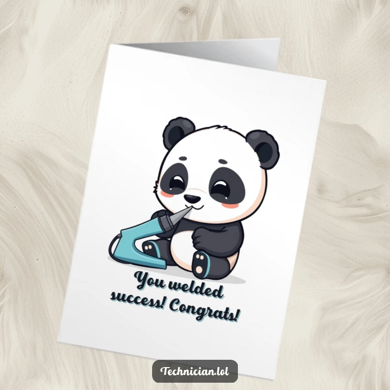 Funny Free Printable Congratulations Card: A panda concentrating hard, wielding a soldering iron on a project.