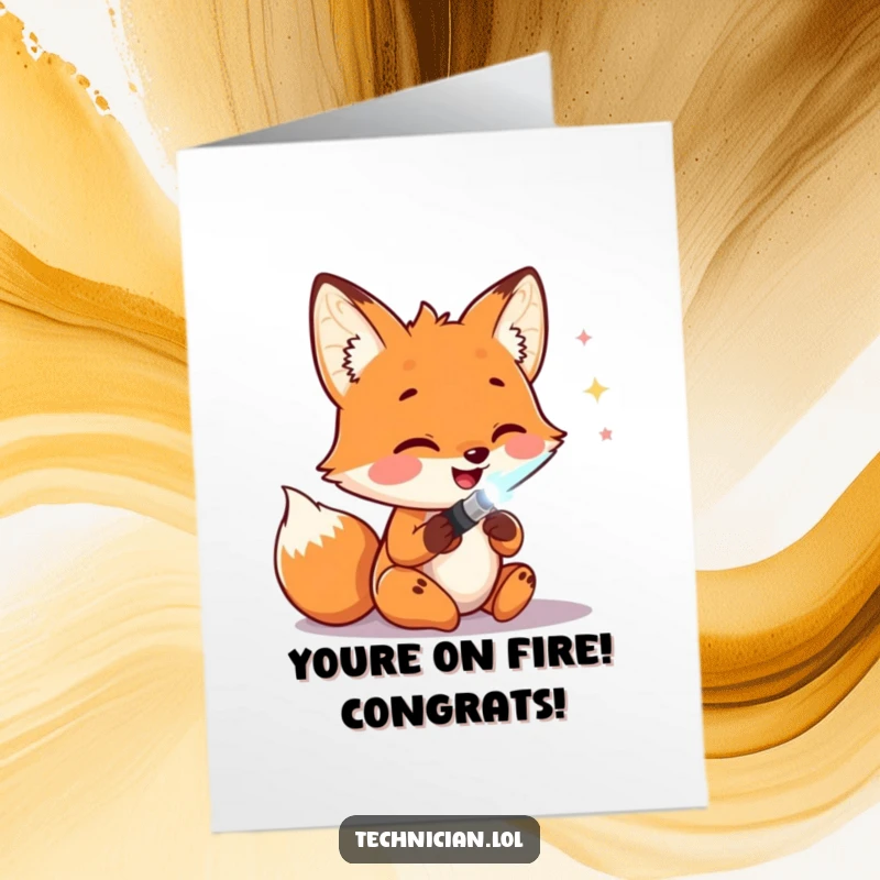 Funny Free Printable Congratulations Card: A happy fox proudly soldering wires, celebrating a successful project completion.