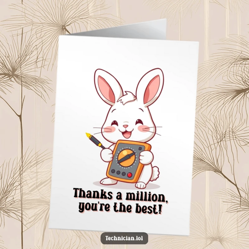 Funny Free Printable Bunny Electrician Card: Smiling bunny with a multimeter, offering a shocking thank you.