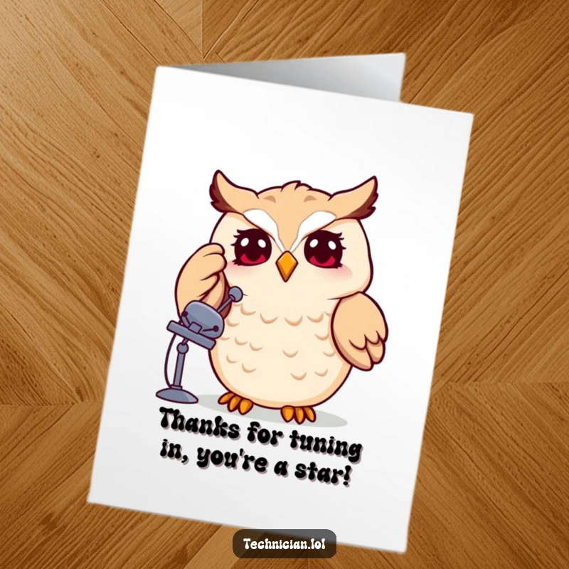 Funny Free Printable Owl Tech Card: Smiling owl adjusting a satellite dish, offering a witty thank you.