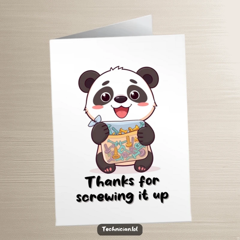 Funny free printable thank you card: a silly panda beams with pride, clutching a bag full of assorted screws.