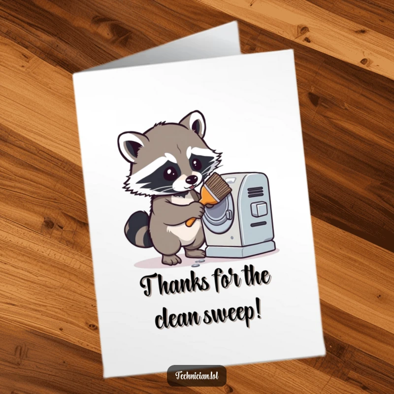 Funny Free Printable Thank You Card: A determined raccoon cleans a dusty machine, expressing thanks for thoroughness.