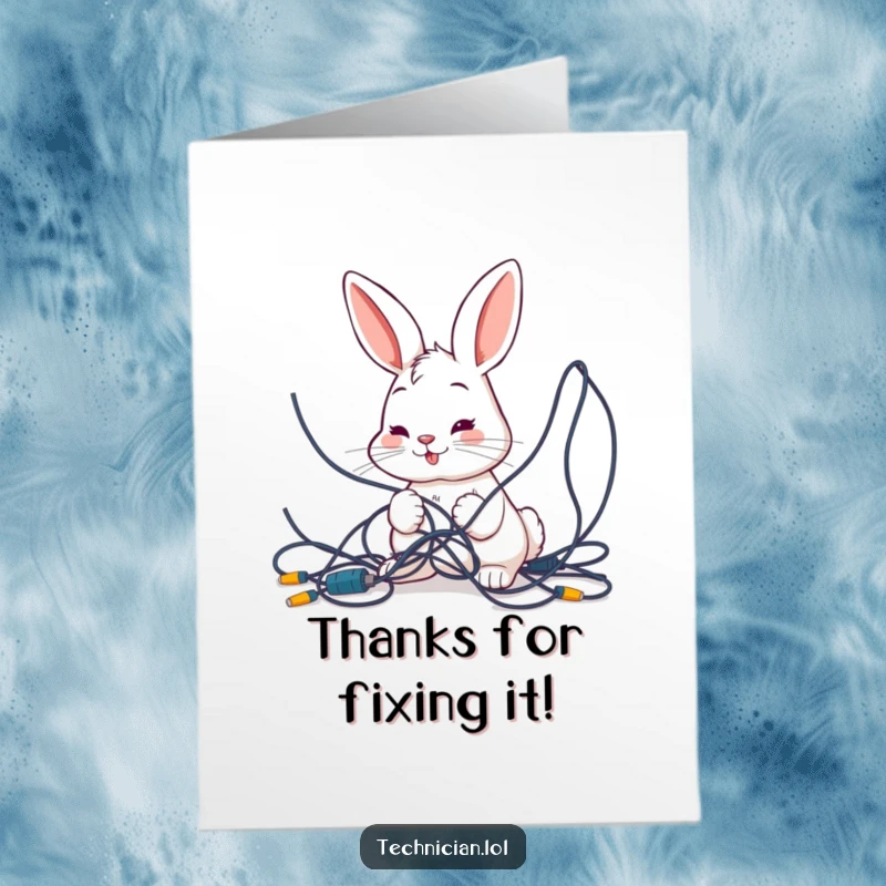 Free Printable Thank You Card: Smiling bunny looking closely at a crazy tangle of wires, representing complex gratitude.