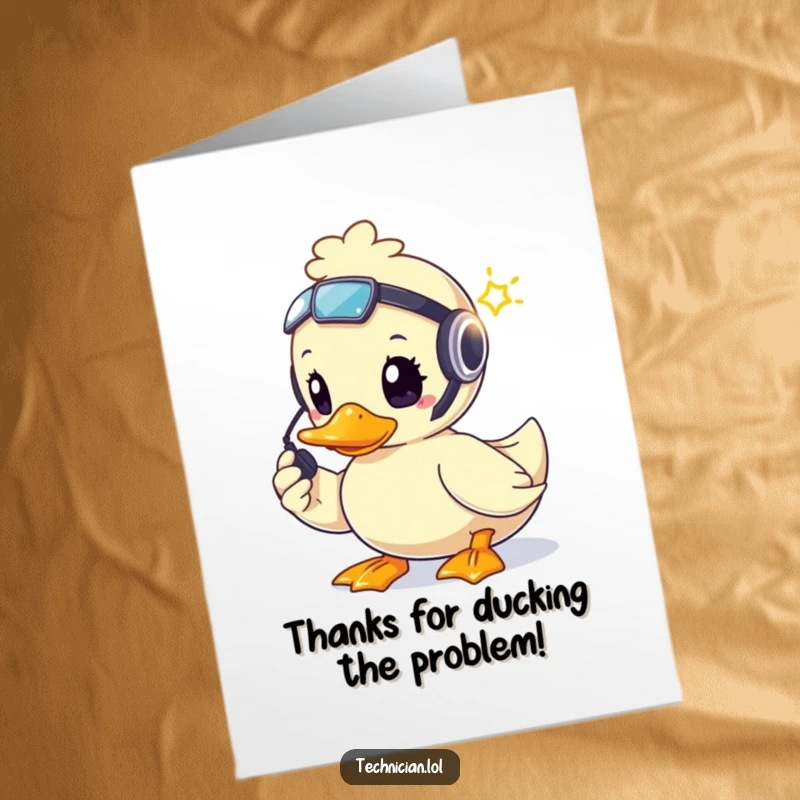 Funny Free Printable Thank You Card: A brave duck wearing a headset, fixing a blinking light, showing dedicated gratitude.