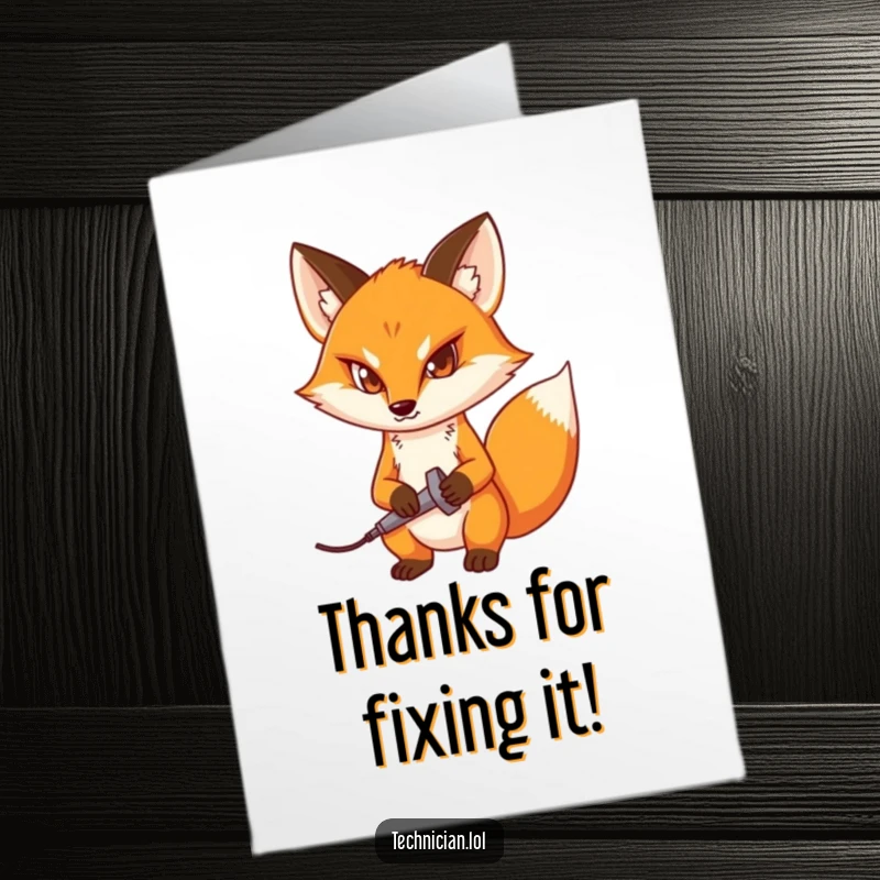 Funny Free Printable Thank You Card with a focused fox holding a soldering iron, expressing thanks for fixing something.