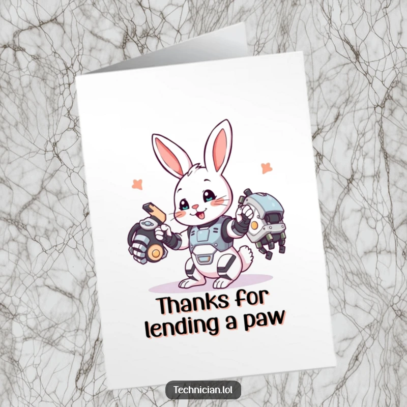Funny free printable thank you card featuring a bunny happily building a robotic arm, DIY gift.