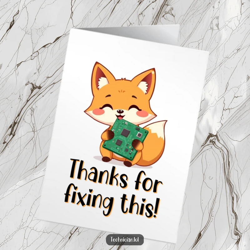 Funny Free Printable Thank You Card: A beaming fox displays a repaired circuit board, a humorous way to express tech-related gratitude.