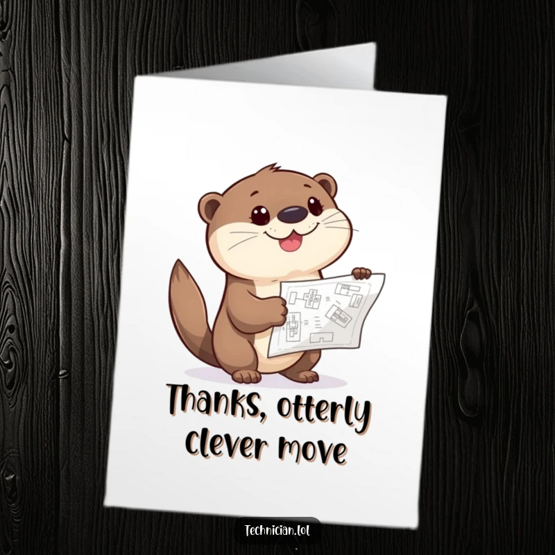Funny Free Printable Thank You Card: Giggling otter consults a blueprint, planning a way to say thanks.