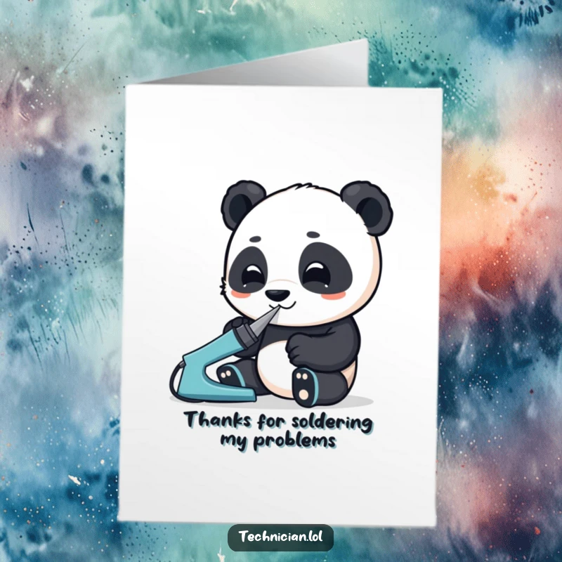 Funny Free Printable Thank You Card: A panda intently focused, using a soldering iron with dedication.