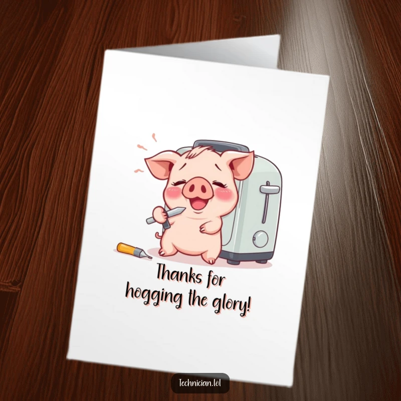 Funny Free Printable Thank You Card of a giggling piglet with a screwdriver, humorously working on a toaster, saying thanks.