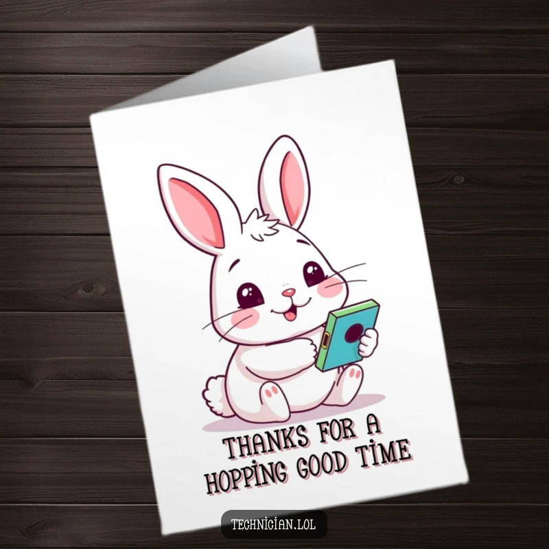Funny Free Printable Thank You Card: A rabbit with a curious face tests a colorful, exciting gadget.