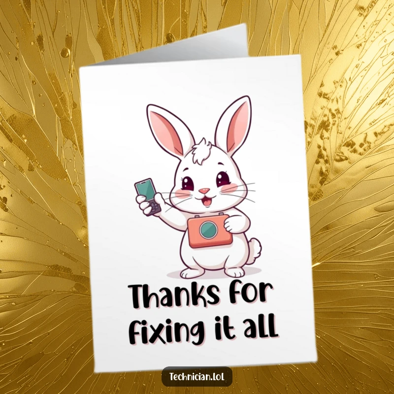 Funny Free Printable Thank You Card: Rabbit proudly displays a repaired gadget, expressing thanks with a grin.