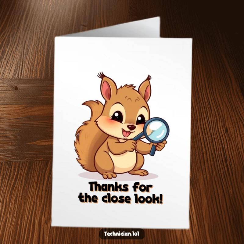 Funny Free Printable Thank You Card: Gleeful squirrel uses a magnifying glass on circuits, a thank you for careful work.