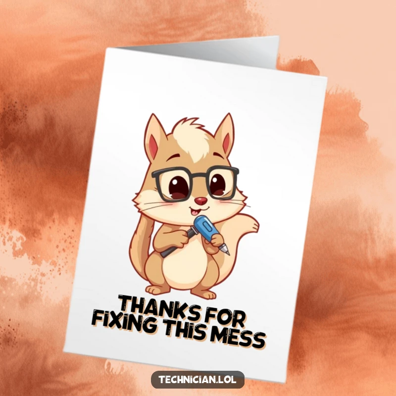 Funny Free Printable Thank You Card: Dedicated squirrel with a screwdriver, intensely examining a gadget.