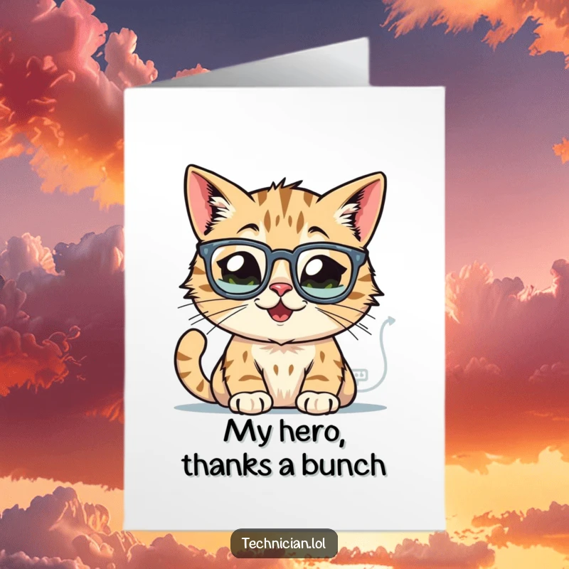 Funny Free Printable Thank You Card: A glasses-wearing cat intently studies glowing computer schematics, offering thanks with intelligence.