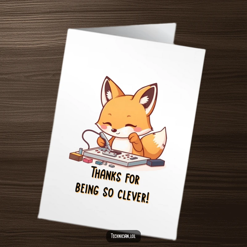 Funny Free Printable Thank You Card: Energetic fox delicately manipulates tiny components with tweezers, expressing thanks.