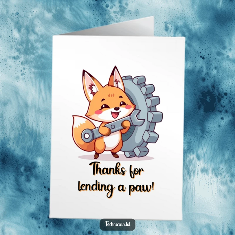 Funny Free Printable Thank You Card: A cute fox with a wrench tightening a large bolt, gratefully acknowledging help received.