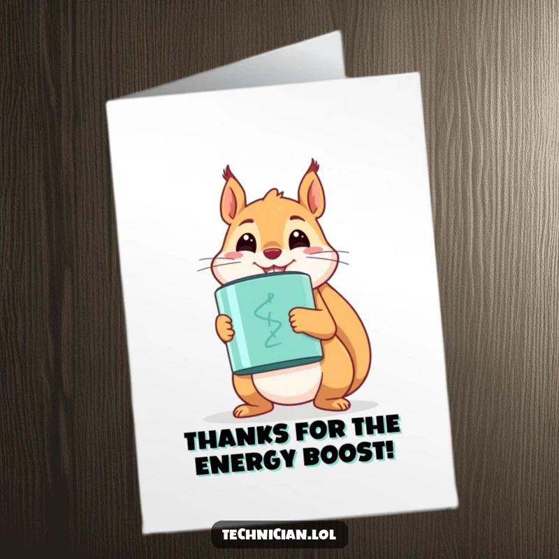 Funny Free Printable Thank You Card: A proud squirrel holding a large capacitor, showing charged gratitude with a happy smile.