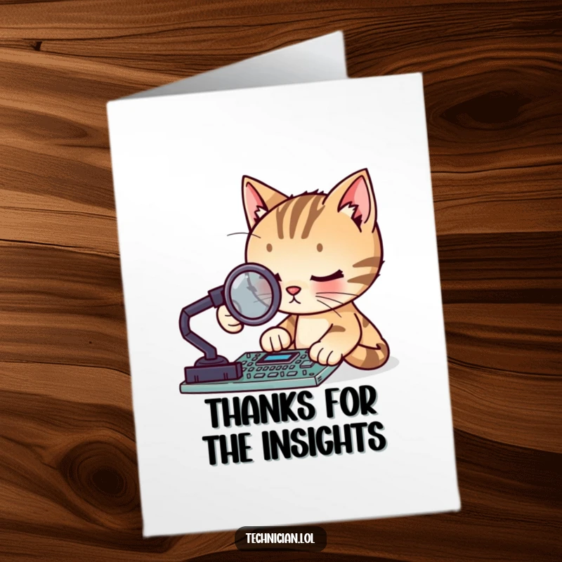 Funny free printable thank you card: A focused cat intently examining a circuit board with a magnifying glass.